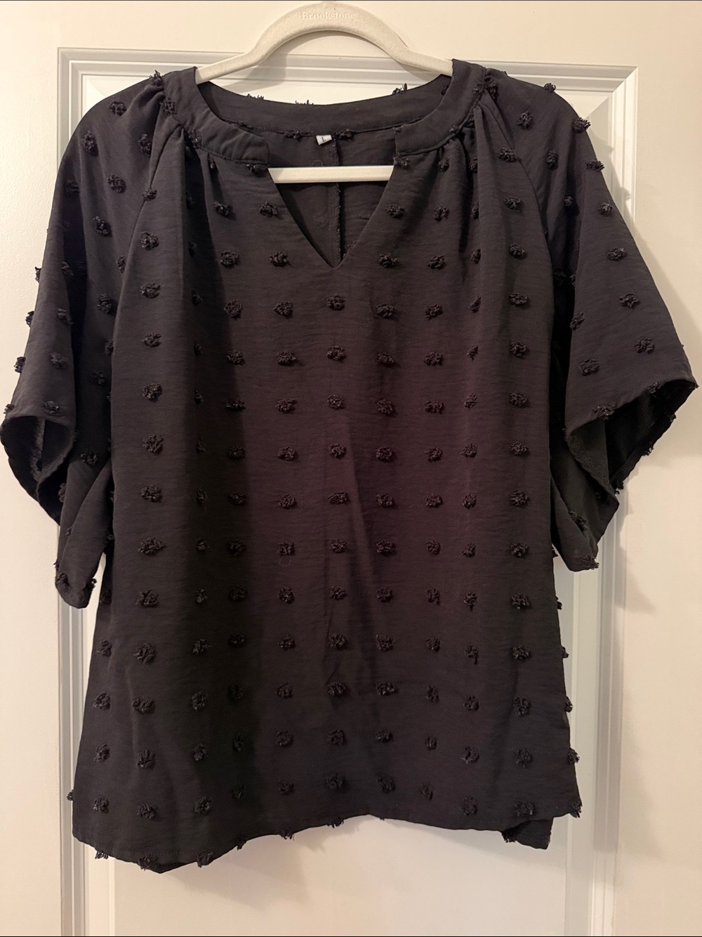Black Swiss Dot Textured Split-Neck V-Neck Top